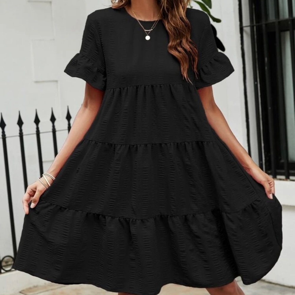 Solid Flounce Sleeve Smock Dress.